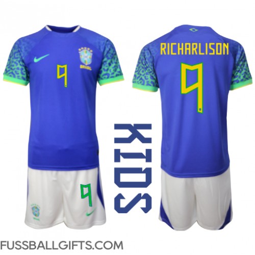 Brasilien Richarlison #9 Fußballbekleidung Auswärtstrikot Kinder WM 2022 Kurzarm (+ kurze hosen)